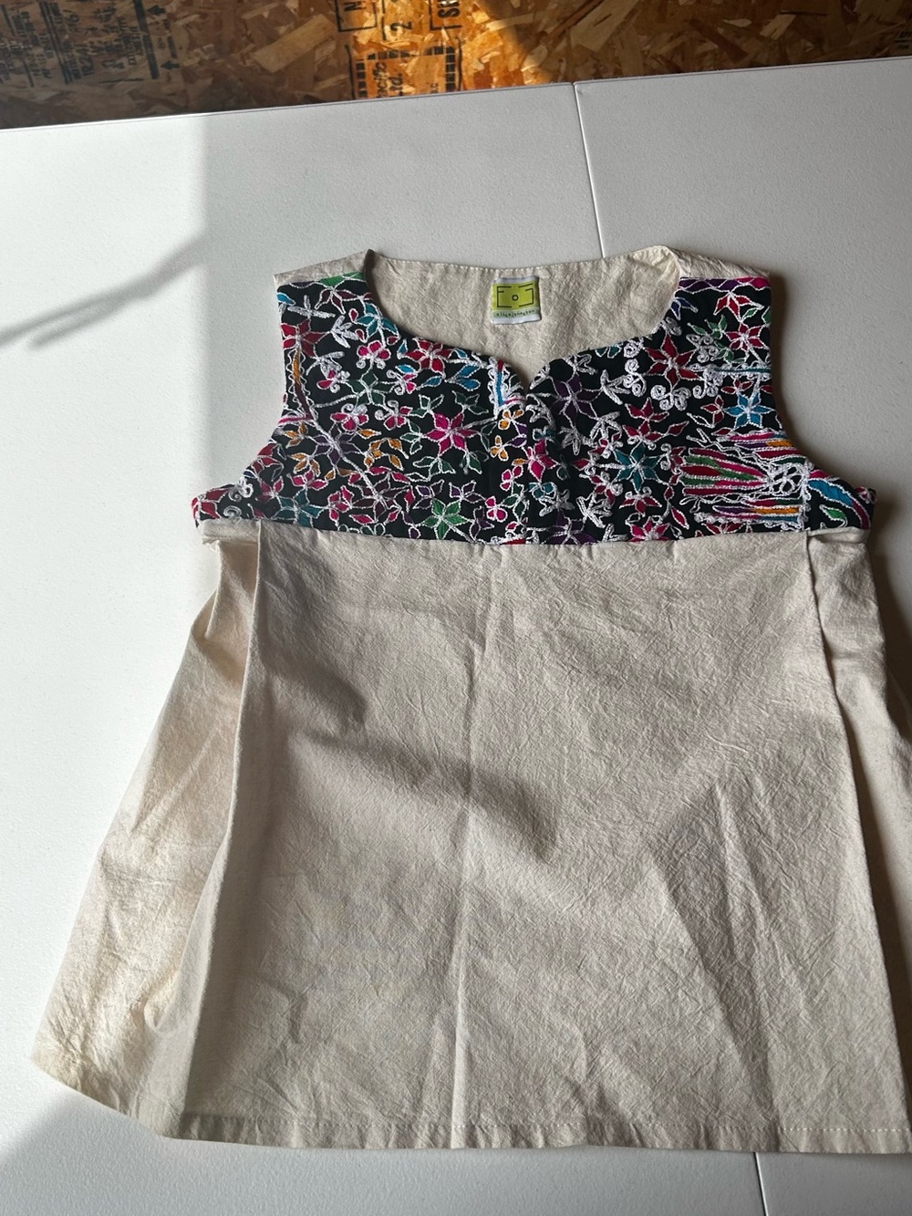 Embroidered Contrast Yoke Tunic Top - Cream with Multicolor Floral